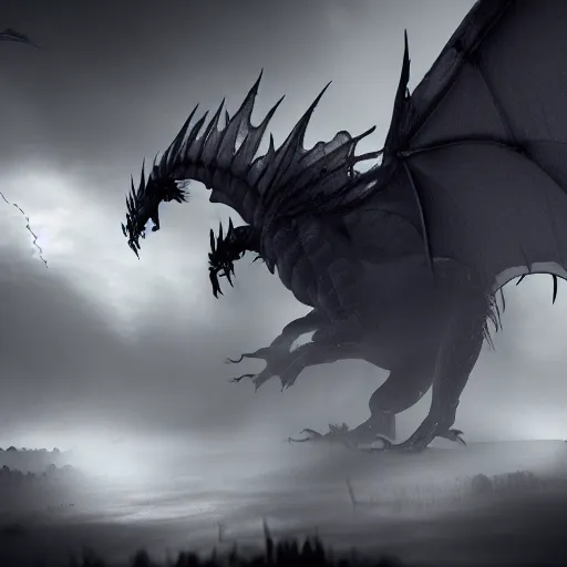 Image similar to a highly detailed horrific shot of a ghostly western dragon that's fading into black fog and deep dark obscure shadow, wings are clouds of darkness, four legs, creating an ominous presence of fear, artstation, deviantart, dark lighting, unreal engine 5 render