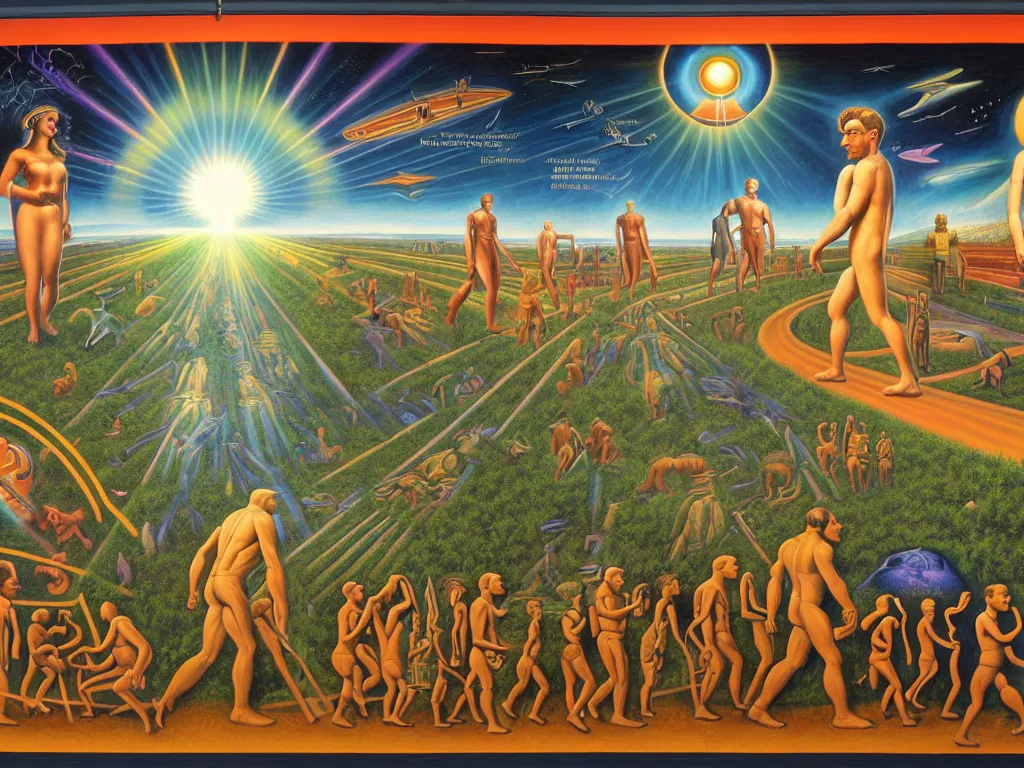 Image similar to human evolution path, spiritual science, divinity, utopian civilization, by david a. hardy, wpa, public works mural, socialist