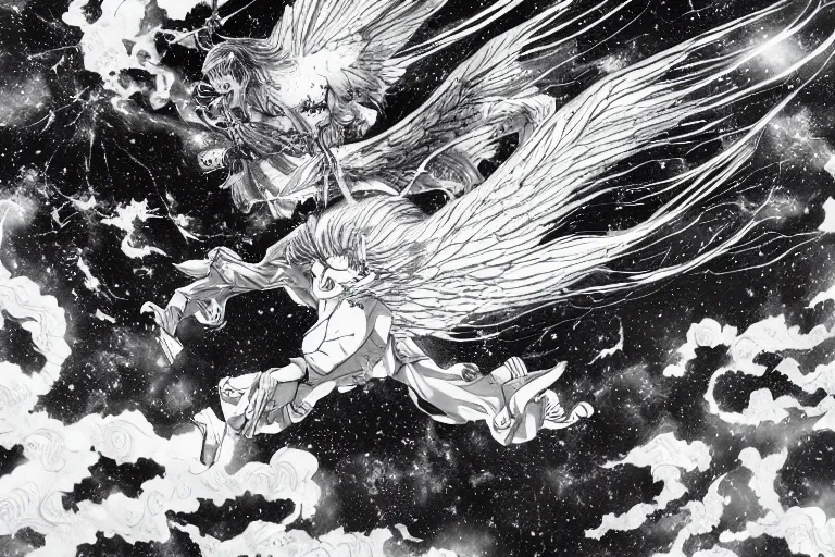 Image similar to angelic majestic winged lioness flying in outer space, stars dotted in background, black and white ink on paper, thick thick thick outlines, 8k high quality detailed manga art, trending on art station and cgsociety, super wide angle, octane, by Eiichiro Oda and Hokusai