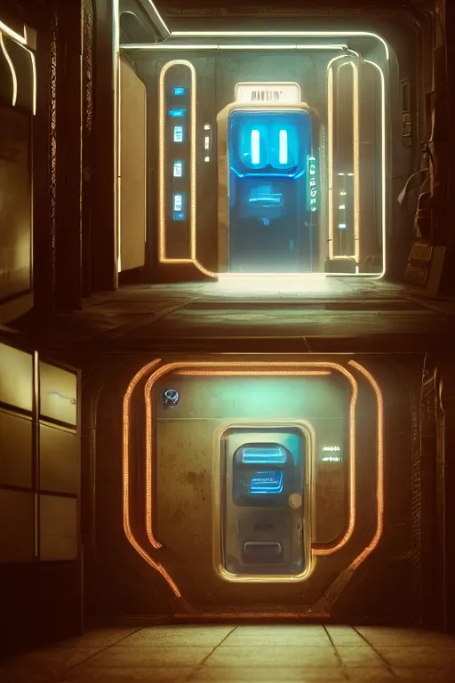 Prompt: in a corridor, a human in a still suite from dune in front of a vending machine, his profile and face lit by the blue neon light of the machine in front of him, blade runner style, gloomy mood, hyper-realistic environment,Epic concept art. Octane render and Unreal Engine