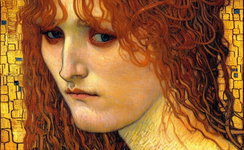 Image similar to detailed realistic beautiful young medieval queen face portrait by jean delville, gustav klimt and vincent van gogh, art nouveau, symbolist, visionary, gothic, pre - raphaelite, muted earthy colors, desaturated