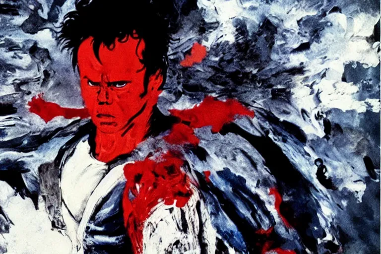 Image similar to movie still of akira ( 1 9 8 8 ) tetsuo in a white superhero suit and red cape, by ashley wood, 6 0's french movie poster, french impressionism, palette knife and wide brush strokes, black and white only