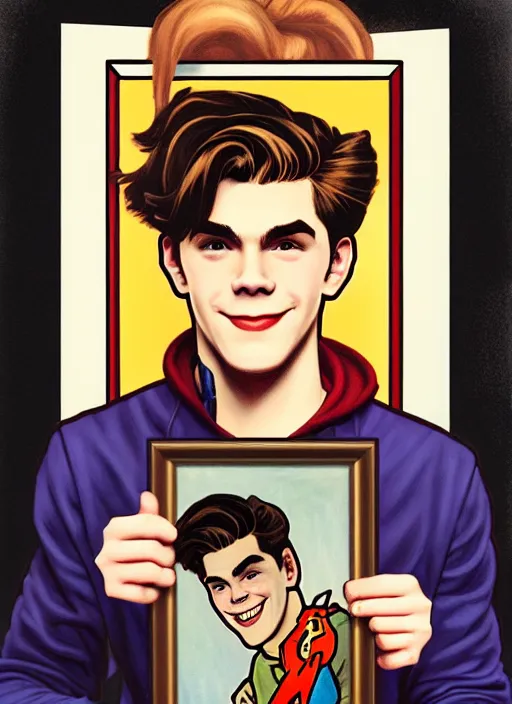 Image similar to oil portrait of archie andrews holding a picture of jughead jones, intricate, elegant, highly detailed, lighting, painting, artstation, smooth, illustration, art by greg rutowski and alphonse mucha