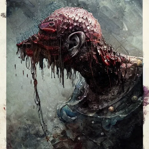 Image similar to mutant fishman sailor old man with gills and scales and barnacles, creatures from the deep ocean by emil melmoth zdzislaw beksinki craig mullins yoji shinkawa realistic render ominous detailed photo atmospheric by jeremy mann francis bacon and agnes cecile ink drips paint smears digital glitches glitchart