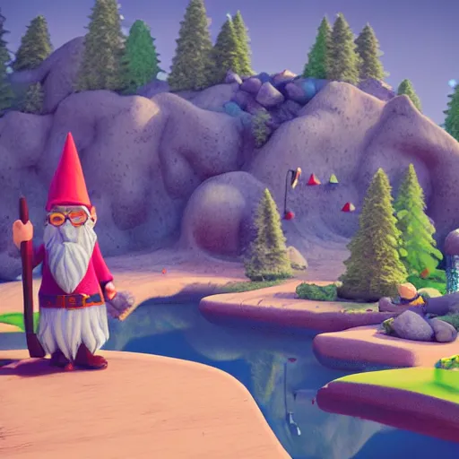 Prompt: hipster gnome with hipster clothes in a mini - golf course in the mountains, 3 d render in the style of the videogame firewatch, soft colors, beautiful pastel scenery around the mini - golf course, incredible sense of depth in the background, realistic lighting, mini - golf course just expands into infinity, i really want to play this videogame