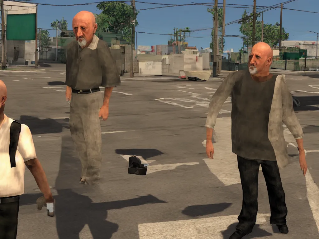 Image similar to Mike Ehrmantraut in Grove Street, screenshot from the PS2 version of GTA San Andreas, orange sky