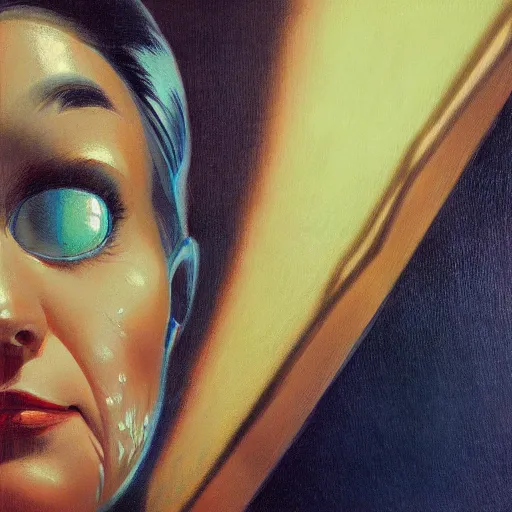 Image similar to detailed face of a woman, clockwork, moment, tectonic sky, skydome, bullet train, turbines, utopian, tech noir, wet reflections, prism, atmospheric, ambient, pj crook, syd mead, livia prima, greg rutkowski, edward hopper