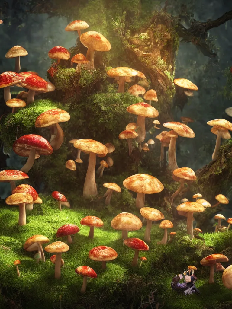 Image similar to fairy's dance in delight around a complex engine creating mushrooms, by viktoria gavrilenko, octane render, 8 k, beautifully lit