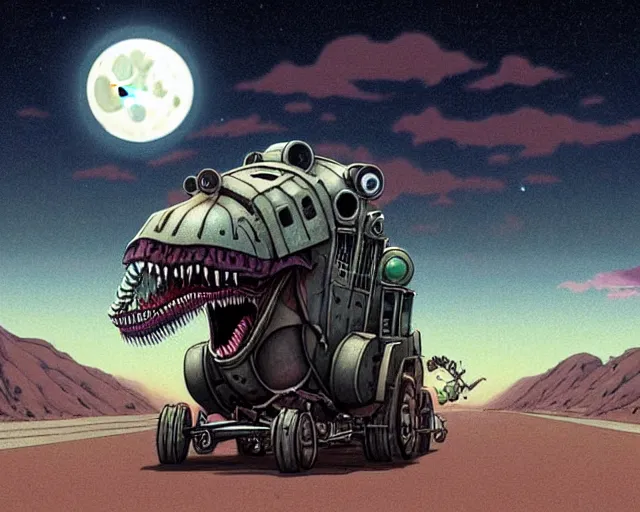 Image similar to a cell shaded cartoon giant grey lovecraftian mechanized t - rex from howl's moving castle ( 2 0 0 4 ), with a big head, on a desert road, wide shot, in front of a big moon, muted colors, post grunge, josan gonzales, wlop, by james jean, victor ngai, hq, deviantart, art by artgem