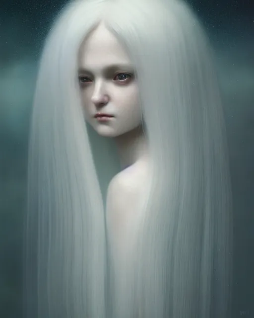 Image similar to dreamy, subsurface scattering, white, young beautiful goddess in cosmos with very long white hair floating in air, octane render, dino valls, mark ryden, joe fenton, michal karcz, highly detailed, rim light, art, cinematic lighting, very coherent, hyper realism, 8 k