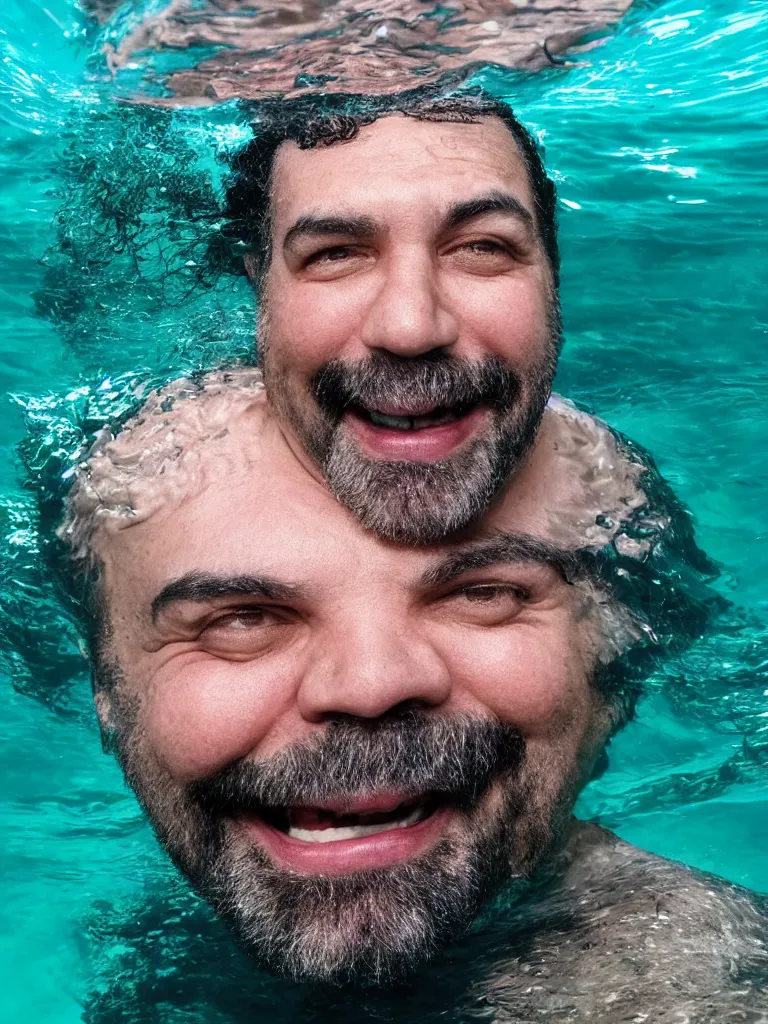 Prompt: a middle aged man, bulky build, black curly hair, receding hairline, thick dark eyebrows, big lips, smiling, small eyes, swimming under the sea trapped in seaweed