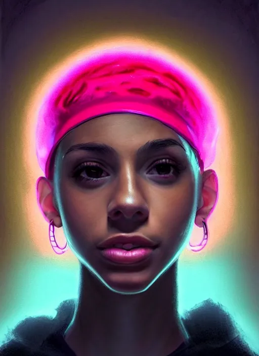 Image similar to portrait of teenage vanessa morgan with bright pink hair, black girl, curly pixie cut hair, wearing newsboy cap, pink short haircut, newsboy cap, hoop earrings, blue eyes, intricate, elegant, glowing lights, highly detailed, digital painting, artstation, concept art, smooth, sharp focus, illustration, art by wlop, mars ravelo and greg rutkowski