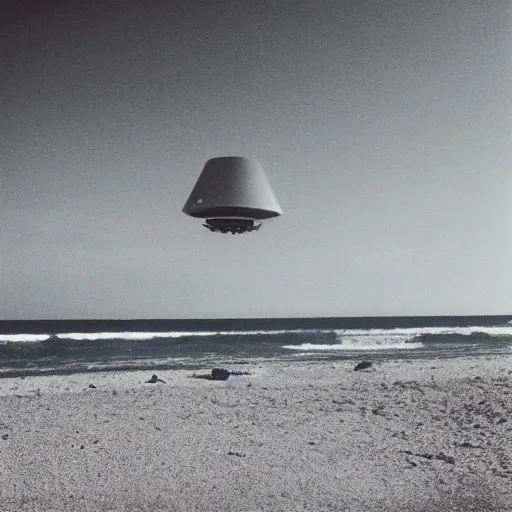 Prompt: “A wide shot of a UFO at the beach, dreamcore aesthetic, taken with a Pentax K1000, Expired Burned Film from 1930s, Softbox Lighting, 85mm Lens”