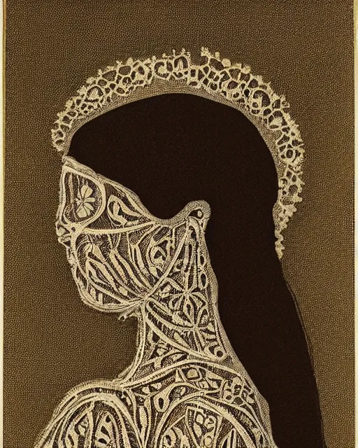 Image similar to a woman's face in profile, made of intricate decorative lace skeleton, in the style of the dutch masters and gregory crewdson, dark and moody