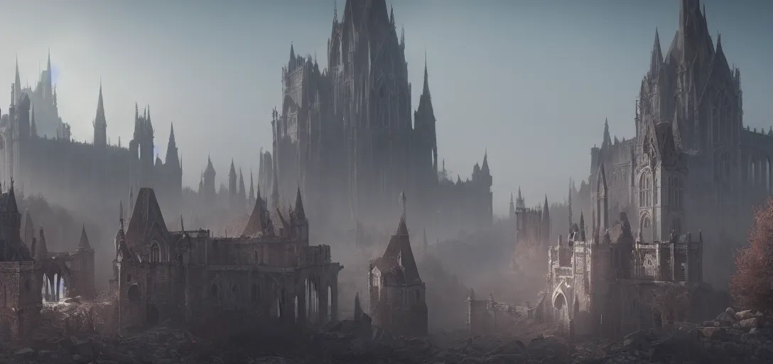 Image similar to view of an abandoned gothic city at day, castles, fog, cinematic lighting, ultra detailed, sharp, ambient occlusion, raytracing, by greg rutowski, paul chadeisson and jessica rossier