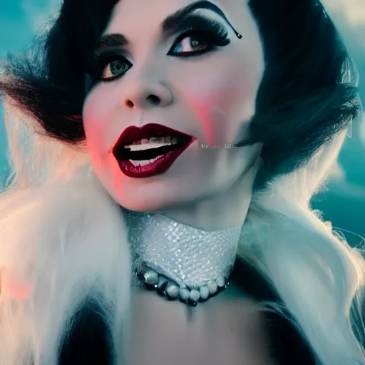 Image similar to disney cruella devilla, 8 k, professional photography, cinematic shot, dark, smoke