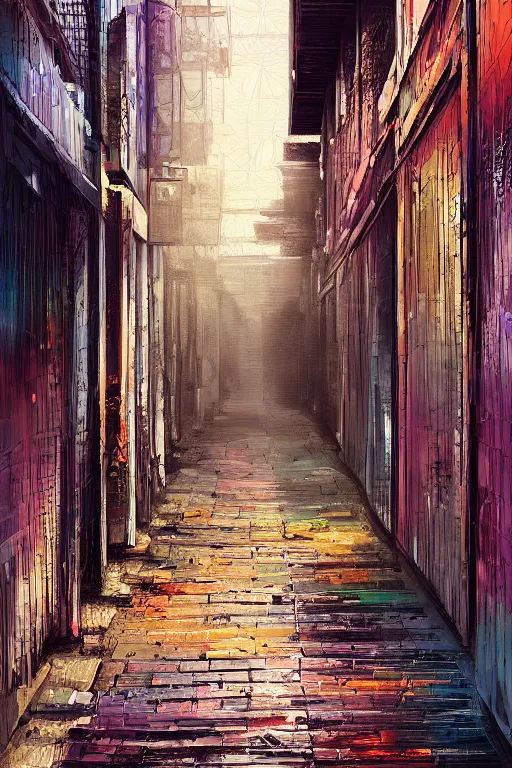 Prompt: a beautiful painting digital high detailed of a grungy back alley with wooden crates metal grids by Alena Aenami