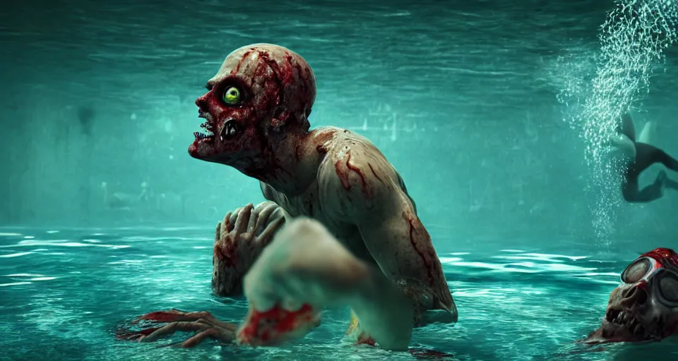 Prompt: highly detailed full body portrait of a zombie swimming underwater in a zombie - apocalypse, in a swimming pool, style of plants vs zombies, octane render