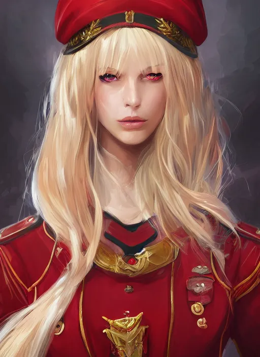 Image similar to a highly detailed illustration of beautiful long dirty blonde haired pale girl wearing red epaulette uniform, red eyes, dramatic smile pose, intricate, elegant, highly detailed, centered, digital painting, artstation, concept art, smooth, sharp focus, league of legends concept art, WLOP