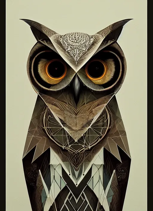 Image similar to portrait of a geometric owl, identical eyes, medium shot, illustration, full body made of white feathers, symmetrical, art stand, super detailed, cinematic lighting, and its detailed and intricate, gorgeous, by peter mohrbacher