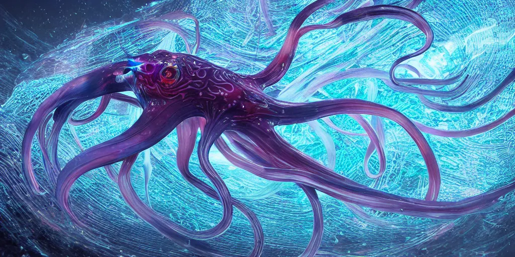 Image similar to squid, stylized layered shapes, long flowing fins, bioluminescent orbs, diffuse lighting, glowing eye, intricate, elegant, highly detailed, lifelike, photorealistic, 3 d render, artstation, smooth, sharp focus,