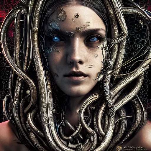 Image similar to Cyberpunk medusa, dark atmosphere, cinematic shot, intricate, ornate, photorealistic, ultra detailed, realistic, 35mm, photography, neon, octane, high definition, depth of field, bokeh, 8k, artstation, ((alphonse mucha)), (hr giger)