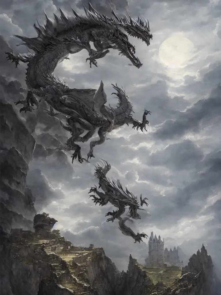 Prompt: A beautiful, highly detailed watercolor painting of a majestic Ancient Silver Dragon flying through the clouds over a huge stone castle with a giant wooden and iron door, by Greg Rutkowski
