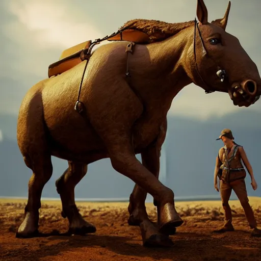 Image similar to hyperrealistic mudsdale, stunning 3 d render inspired by istvan sandorfi & greg rutkowski & mike judge, perfect symmetry, dim volumetric cinematic lighting, 8 k octane comprehensive render, extremely mega hyper - detailed and lifelike attributes & atmosphere, intricate, realistic flesh texture, masterpiece, artstation, stunning,