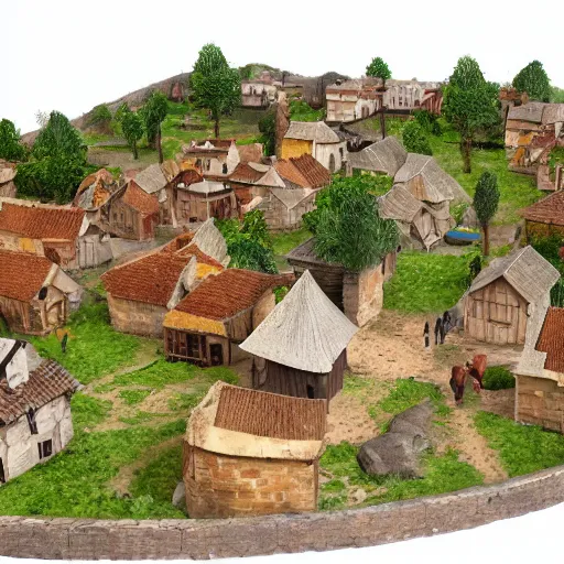 Prompt: diorama of a medieval village, orthographic projection