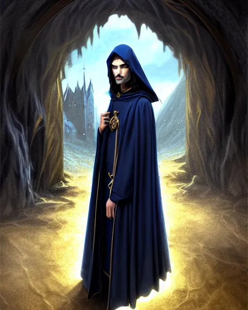 Image similar to handsome male wizard at the end of time, long black hair blue eyes young face wearing cloth mantle gothic navy cloak with gold details, cave town, fantasy character portrait, ultra realistic, intricate, elegant, cinematic lighting, highly detailed, digital painting, artstation, smooth, sharp, focus, illustration, art by artgerm and greg rutkowski and alphonse mucha