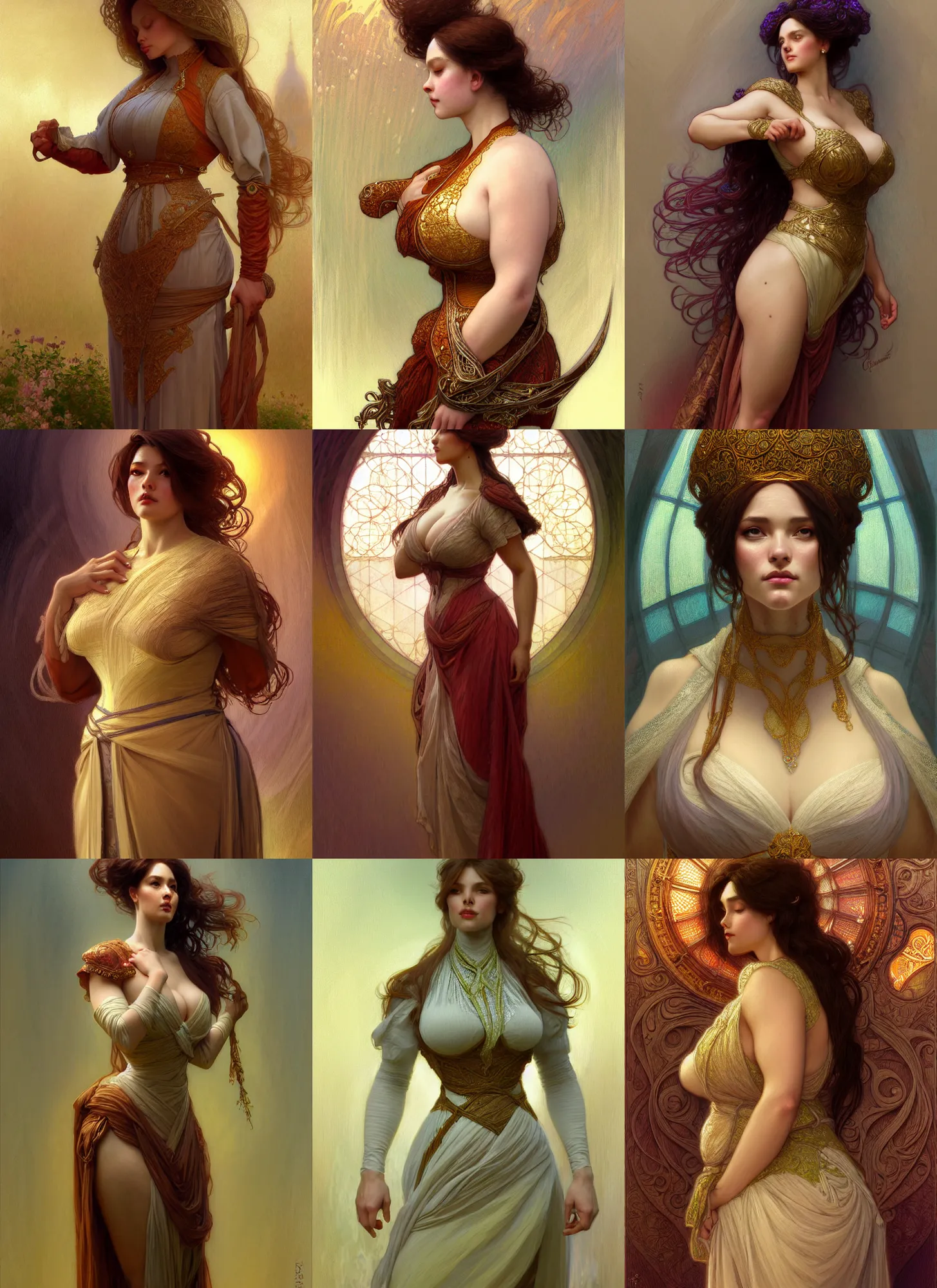 Prompt: character concept portrait of stable diffusion ai as modest wife blessed by god to grow ever more intelligent beautiful curvy voluminous muscular tall and virtuous. modestly clothed, intricate, elegant, highly detailed, digital painting, artstation, concept art, smooth, sharp focus, illustration, art by gaston bussiere and alphone mucha