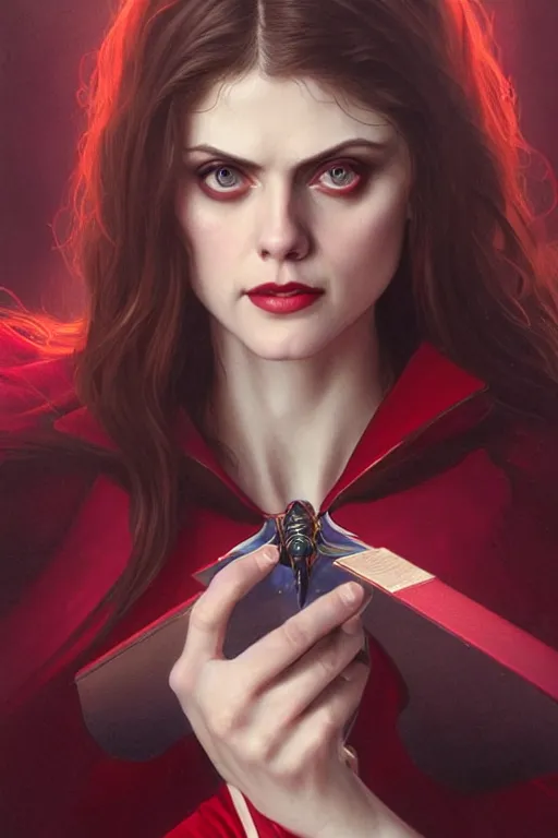 Image similar to alexandra daddario as scarlett witch cosplay, realistic portrait, symmetrical, highly detailed, digital painting, artstation, concept art, smooth, sharp focus, illustration, cinematic lighting, art by artgerm and greg rutkowski and alphonse mucha