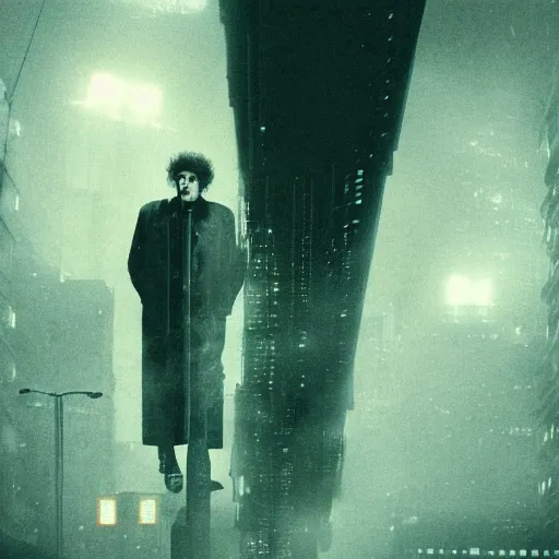 Prompt: 1 0 meter tall bob dylan terrorising the city, blade runner aesthetic