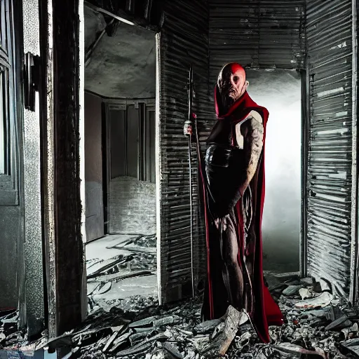 Image similar to UHD photo of Ming The Merciless in an abandoned building, by Annie leibowitz, photorealisitc ,detailed