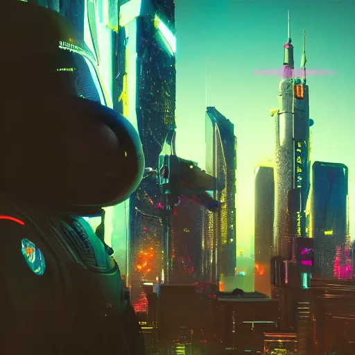 Prompt: professional closeup photo of astronaut from low angle shot with cyberpunk city on background, synthwave, blade runner, hyperrealistic masterpiece, trending on artstation, cgsociety, kodakchrome, golden ratio, cinematic, composition, beautiful lighting, hyper detailed, sharp focus, octane render, 4 k, unreal engine