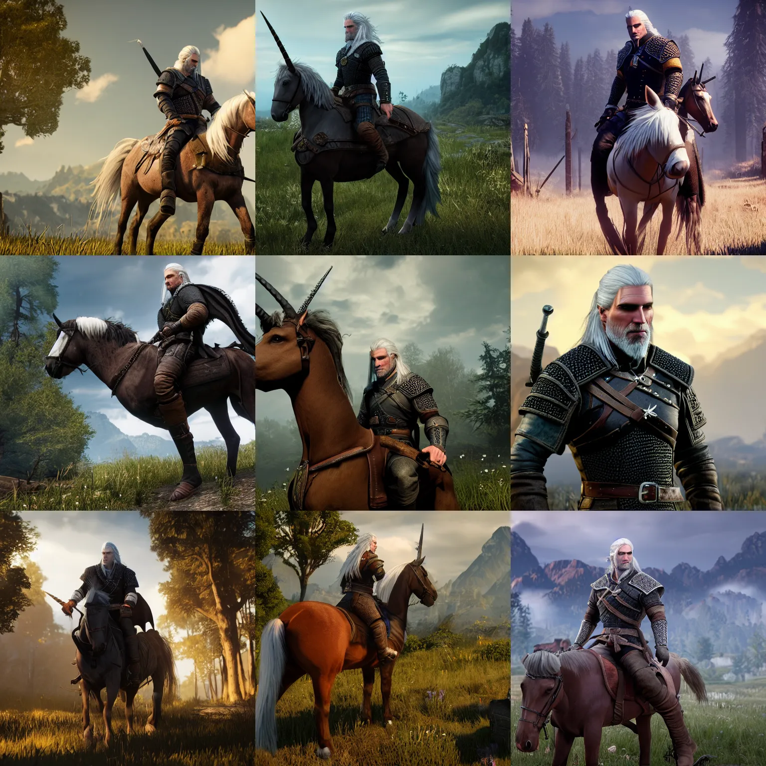 Prompt: geralt of rivia dressed like yennefer of vengerberg, sitting on his horse roach dressed as a unicorn, 8 k, unreal engine 5