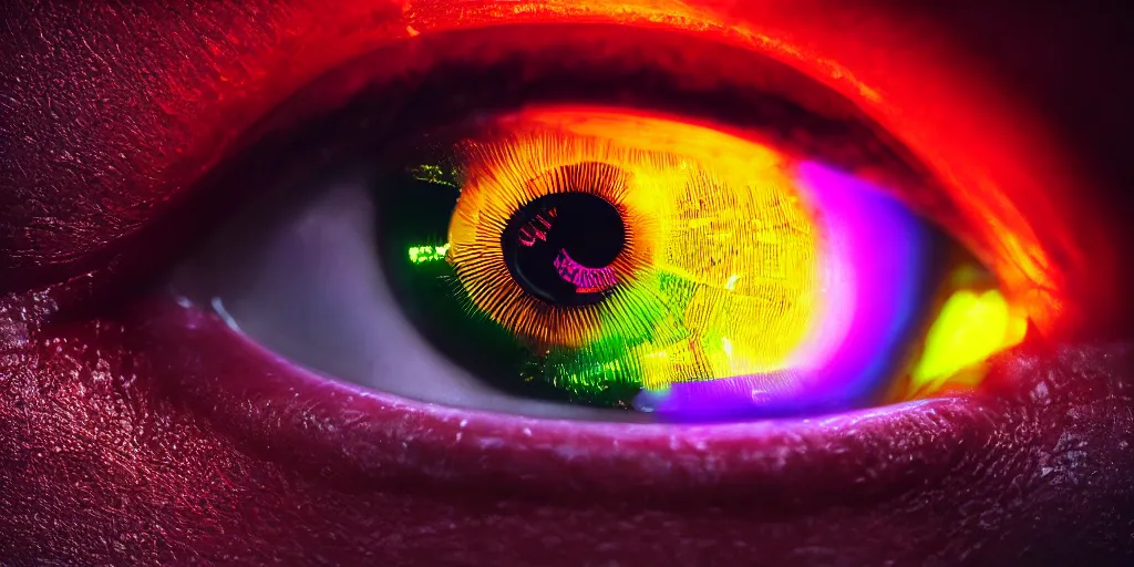 Image similar to an extreme close - up portrait of a neon glowing human eye, photographic filter, unreal engine 5, realistic, hyperdetailed, 8 k, cinematic, volumetric lighting, very realistic effect, hd, hdr, 4 k, sharp focus, octane render, ultra detailed, high resolution, trending on artstation in the style of albert dros glowing rich colors powerful imagery