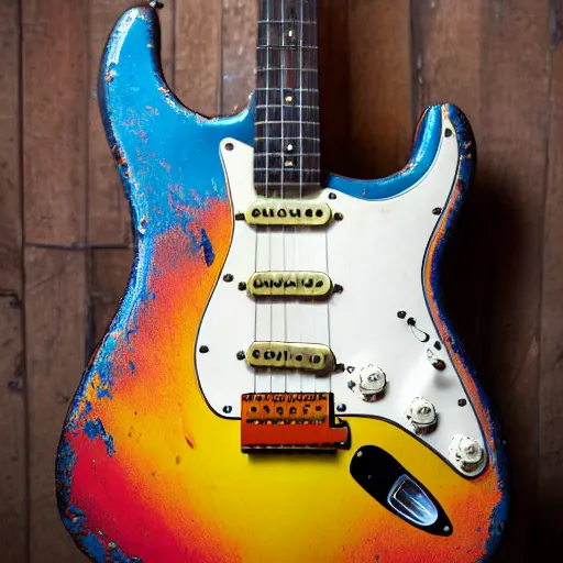 Image similar to sunburst relic stratocaster style guitar, blue, red, and yellow sunburst body, ssh, roasted relic maple neck, in a vintage studio on an old dusty sofa, ultra detailed, cinematic, 4 k