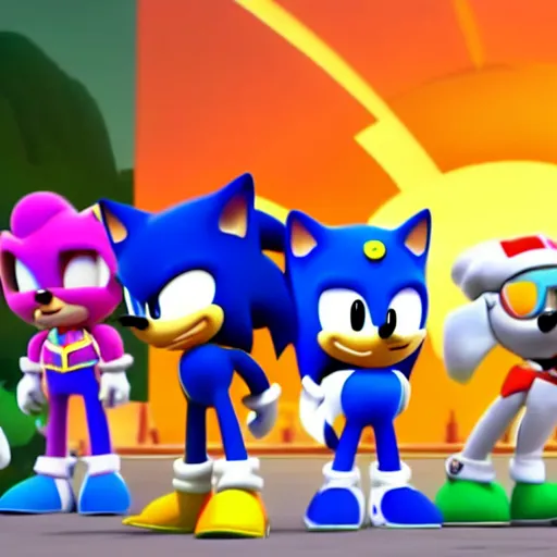 Prompt: sonic with the paw patrol crossover episode, cartoon network stillframe, good looking, hd, 4 k, hdr, smooth, sharp focus, high resolution, award - winning