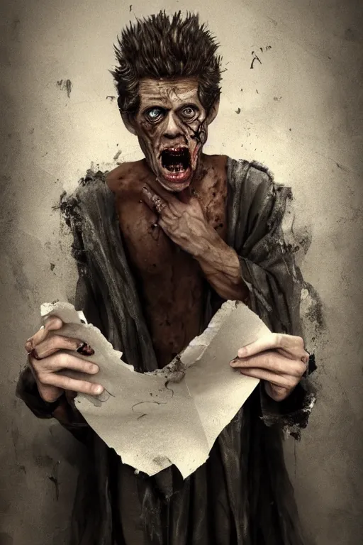 Image similar to A deranged tiny filthy man looking like Willem Dafoe wearing long dark damaged ripped robes showing a magic paper scroll, camera looking down upon, long fingernails, unclipped fingernails, sharp fingernails, focus on face, sharp focus, digital painting, trending on artstation, concept art, fantasy, medieval