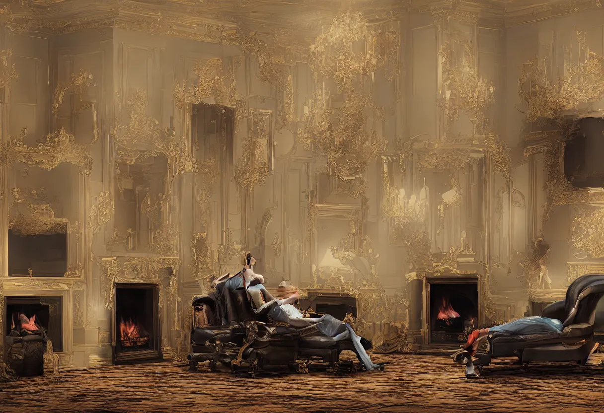 Prompt: Robot reclining on a fainting couch in front of a large fireplace in a Victorian home in the future, by Beeple