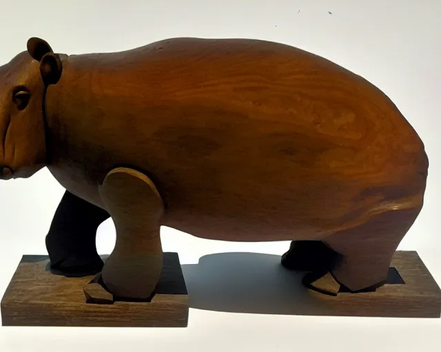 Image similar to a sculpture of hippo baby, half wood carved half blue translucid resin epoxy, cubic blocks, side view centered, mixmedia, transparent,