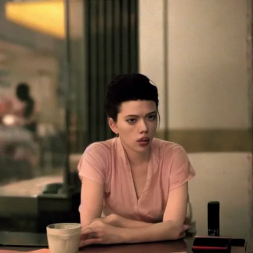 Prompt: intimate movie still of scarlett johansson in wong kar wai chung king express