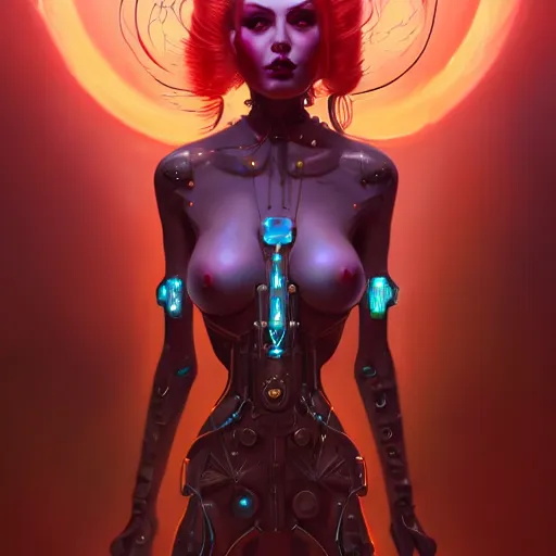 Image similar to a portrait of a nubile cybernetic duchess of hell, cyberpunk concept art by pete mohrbacher and wlop and artgerm and josan gonzales and jean claude meziere and syd mead and moebius, trending on artstation, unreal engine, highly detailed, intricate, sharp focus, digital art, 8 k