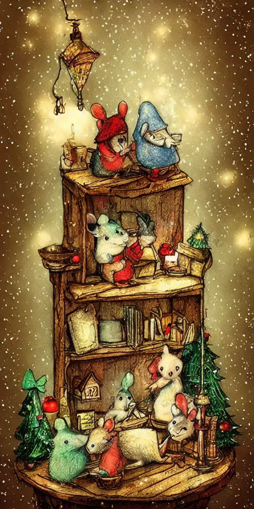 Image similar to an indoor christmas mice scene by alexander jansson