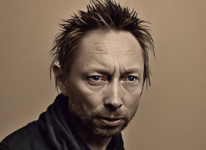 Image similar to beautiful photograph of print of thom yorke picture on a table, hyper realistic, variations of thom yorke, forest, high quality photograph, mixed styles, intricate details, diverse colors, deep emotional impact
