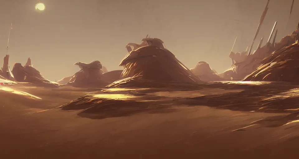 Image similar to detailed concept art of modern megastructure landscape on sand planet like dune, landscape, by martin deschambault, digital, landscape, sci - fi