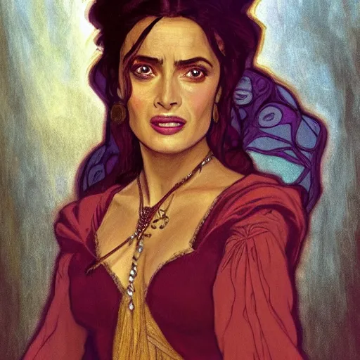Image similar to salma hayek as esmerelda from the hunchback of notre dame, portrait, mucha style
