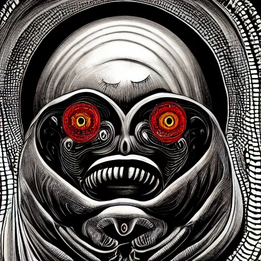 Prompt: beautiful painting of a thousand-eyes cleaver-headed muscular chef in the style of Welder Wings and H. R. Giger. Dark background, detailed, trending on Artstation