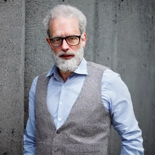 Prompt: 5 5 year old white psychiatrist, tall, grey curly short hair, looks smart, grey trimmed beard, wearing round glasses, a white shirt and a brown vest.